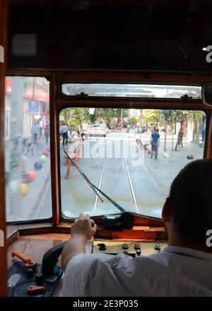 Drivers view on the Moda tramway around Kadikoy in Istanbul. This nostalgic tram goes on a circular trip around this area. Stock Photo