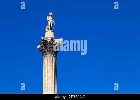 Statue of Admiral Horatio Nelson on top of the Nelson's Column in Trafalgar Square, London, UK Stock Photo