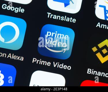 Prime Video app icon on Apple iPhone screen. Prime Video is a streaming video service by Amazon. Stock Photo