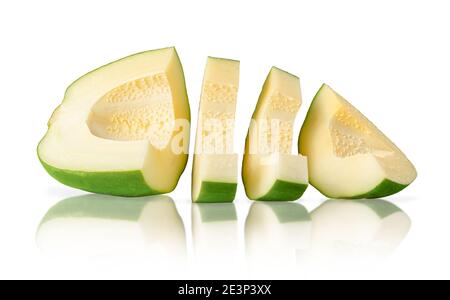 Green papaya isolated with clipping path on white background. Vegetarian food concept. Stock Photo