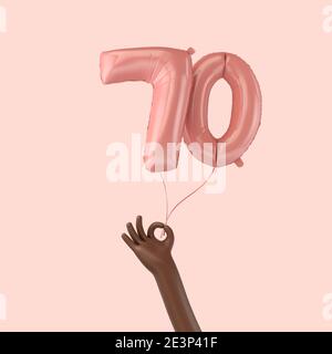 Hand holding a 70th birthday pink foil celebration balloon. 3D Rendering Stock Photo