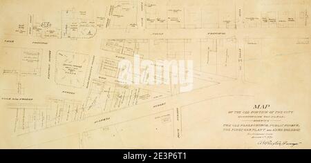 Map of the old portion of the city surrounding the plaza, showing the Old Plaza Church, public square, the first gas plant and adobe buildings, Los Angeles City Stock Photo