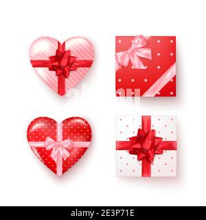 Set of gift boxes with silk bows in realistic style top view. Square and heart shape boxes. Vector isolated on white Stock Vector