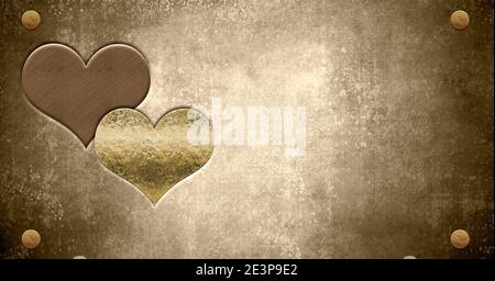 Valentine's day grunge card. Copper and gold metallic hearts on grunge paper background and thumbtacks Stock Photo