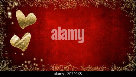 Image of red hearts and gold confetti falling on white background Stock ...