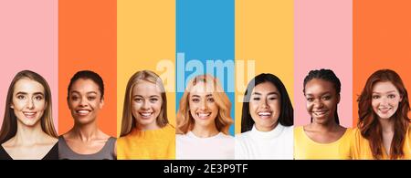 Row Of Cheerful Ladies Portraits In Collage On Bright Backgrounds Stock Photo