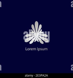 Abstract decorative flower logo design template isolated on dark blue color background. Silver, gray, radiance energi, vortex vector illustration Stock Vector