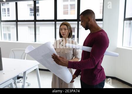 Diverse male and female colleague looking at blueprints and discussing Stock Photo