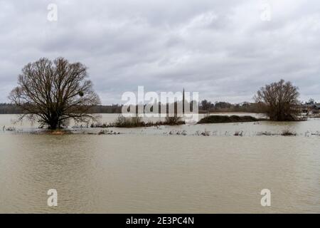 St Ives Cambridgeshire, UK. 20th Jan, 2021. The River Great Ouse has burst its banks and has flooded surrounding land as Storm Christof continues to bring heavy rain across the UK. Flood warnings are in place for the area and further rain is forecast. The river is likely to rise further in the next few days as water from upstream flows down. Credit: Julian Eales/Alamy Live News Stock Photo