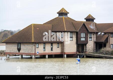 St Ives Cambridgeshire, UK. 20th Jan, 2021. The car. park is under water at the Dolphin Hotel as the River Great Ouse has burst its banks and has flooded surrounding land as Storm Christof continues to bring heavy rain across the UK. Flood warnings are in place for the area and further rain is forecast. The river is likely to rise further in the next few days as water from upstream flows down. Credit: Julian Eales/Alamy Live News Stock Photo