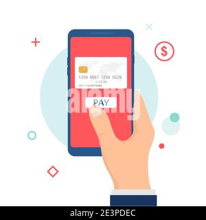 Mobile payment vector icon. Online bank card hold phone flat digital mobile payment Stock Vector