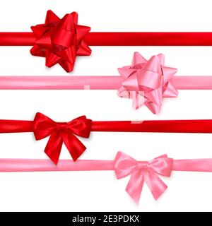 Set of realistic shiny red and pink bows. Decoration element for Valentines day or other holiday. Vector isolated on white background Stock Vector