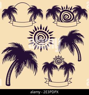 Set of images with palm tree, sun and ribbon. Stock Vector