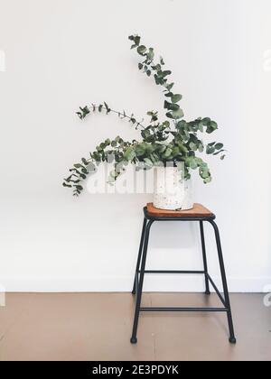 Dried eucalyptus bouquet on a wooden industrial stool against a white background. Popular interior design trend in 2020. Stock Photo