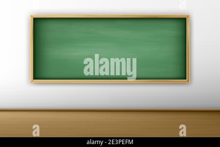 Green blackboard, chalkboard in classroom with white wall and wooden floor. Background for online conference or live stream, back to school, education empty frame, Realistic 3d vector illustration Stock Vector