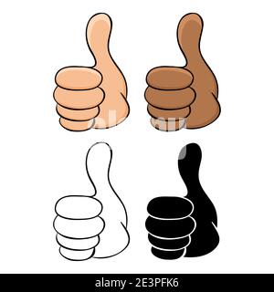 Thumb up cartoon icon in different skin tone -  american, african. Also outline and silhouette design. Accept and approval symbol collection. Great fo Stock Vector
