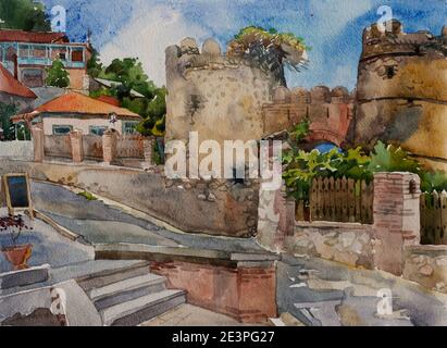 Signaghi old gates with city crossroad love town in Kaheti, Georgia original watercolor art landscape illuatration Stock Photo