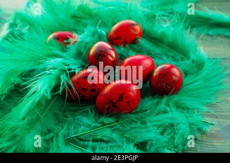 Macro photo of red easter quail egg. Painted red quail eggs on a green wood background. Easter Stock Photo