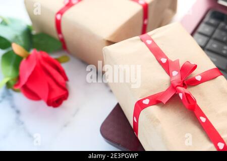 Close up of valentine day gift on table  Stock Photo