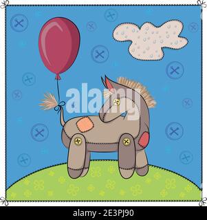 Color illustration with a toy donkey in a clearing with a balloon. Stock Vector