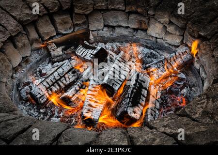 Fire Pit - logs burning Stock Photo