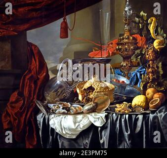 Banquet Still Life with Silver and Gilt Vessels, a Nautilus Shell, Porcelain, Food and Other Items on a Draped Table 1650  by Christian Luycks 1623-1670 Antwerp Belgian, Belgium, Flemish,