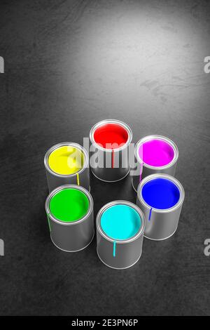 Paint pots building a color wheel with the RGB primary colors of the additive color model (Red, green, blue) used for monitors and the CMY process col Stock Photo