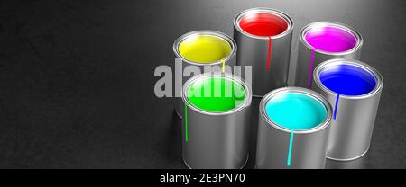 Paint pots building a color wheel with the RGB primary colors of the additive color model (Red, green, blue) used for monitors and the CMY process col Stock Photo