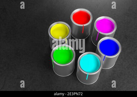 Paint pots building a color wheel with the RGB primary colors of the additive color model (Red, green, blue) used for monitors and the CMY process col Stock Photo