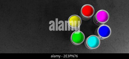 Paint pots building a color wheel with the RGB primary colors of the additive color model (Red, green, blue) used for monitors and the CMY process col Stock Photo