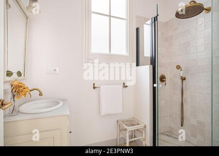 Interior of retro style bathroom with shower zone and sink, decorated in beige color Stock Photo