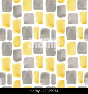 Vector illustration: seamless pattern of yellow and gray watercolor paint strokes and rectangles on a white background Stock Vector