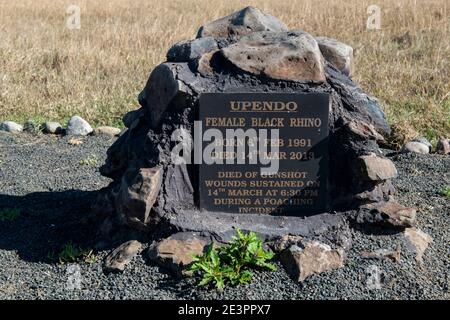Africa, Kenya, Laikipia Plateau, Ol Pejeta Conservancy. Rhino cemetery, rhino headstones marking where animals died from poaching, not natural causes. Stock Photo