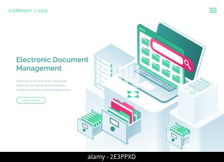 Electronic documents management isometric landing page, paperwork organization concept with laptop, office cabinet with drawers and files. Business administration, data storage, 3d vector web banner Stock Vector
