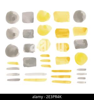 Vector illustration: hand drawn yellow and gray watercolor paint strokes, circles and rectangles on white background Stock Vector