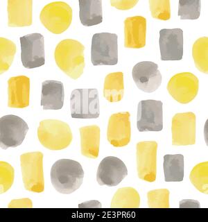 Vector illustration: seamless pattern of yellow and gray watercolor paint strokes and rectangles and circles on a white background Stock Vector