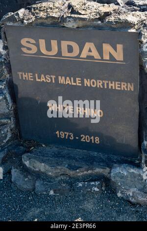 Africa, Kenya, Laikipia Plateau, Ol Pejeta Conservancy. Rhino cemetery. Sudan, the last male Northern White Rhino's headstone. Stock Photo