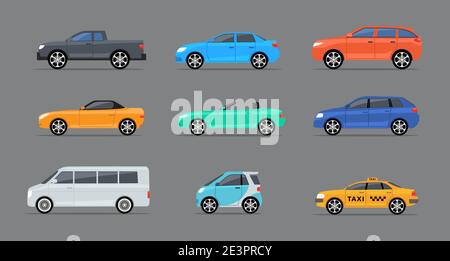 Car side view profile vector icon modern sedan bus. Vector car side view icon set Stock Vector