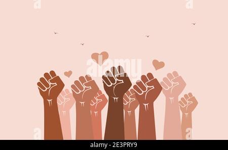 A crowd of hands and fists raised in the air with love icons. Solidarity, celebration, support, diversity and inclusivity concept. Love in the air. Stock Vector