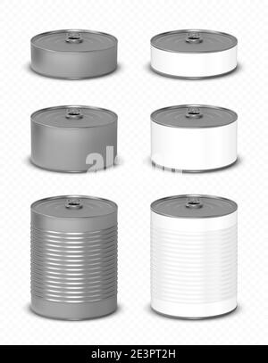 Tin can with pull ring side view. Cylinder food metal jars with open key lid. Low, middle or high silver and white colored smooth and ribbed isolated aluminium canisters, Realistic 3d vector icons set Stock Vector