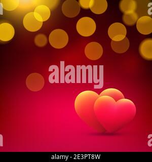 Valentines day card, red gold hearts on red background with gold bokeh. Happy valentine day banner. Valentine's invitation card with hearts. Love. Vec Stock Vector