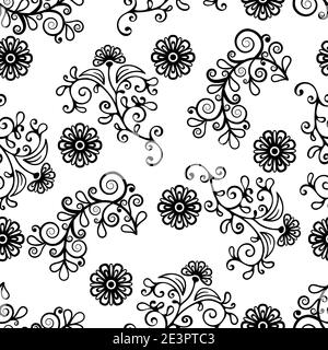 Floral line seamless pattern, black and white drawing, monochrome blooming, coloring background. Cute flower, floral stem with leaves and curls. For Stock Vector