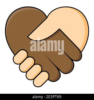 No racism - shake hand in heart shape. Two hands dark and fair skin in a handshake. Equality of races concept icon. Great also for symbol of agreement Stock Vector