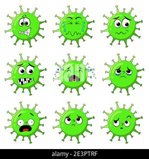 Coronavirus character showing worry and afraid expression. Cartoon set of stressed virus mascot with different face emotion like nervous, confused. Ve Stock Vector
