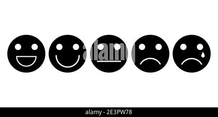 Emoji face black icon set. Customer rating satisfaction. 5 basic emotions for feedback survey. Happy, smile, neutral, sad, bad. Vector illustration is Stock Vector