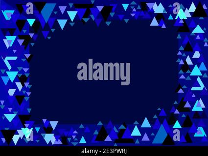 Triangles in different sizes and colors on a dark blue background. Abstract geometric background. Modern. Overlapping triangles. Polygon. Frame Stock Vector