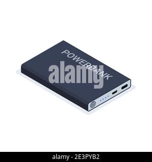 Powerbank isometric usb cable battery. Charge cell phone vector power bank Stock Vector