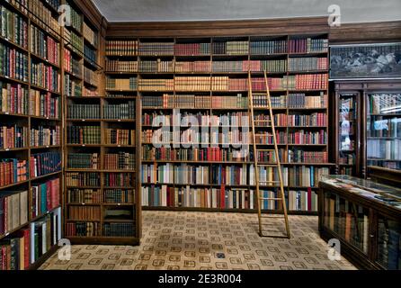 The secret bookcase door leads to the back staircase at Auguste Blaizot Antiquarian Bookshop in Paris, France. Stock Photo