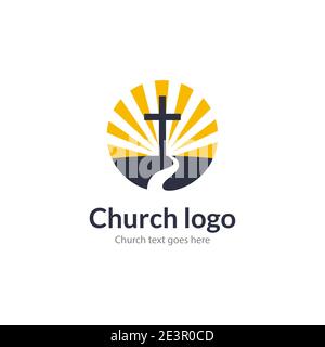 Logo church road cross Jesus mountain catholic dove religion. Worship pray church logo Stock Vector