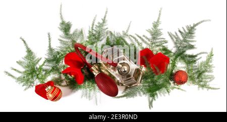 Cristmas Decoration Banner with Perfume Bootle and Rose Petals Panorama isolated on white Background Stock Photo